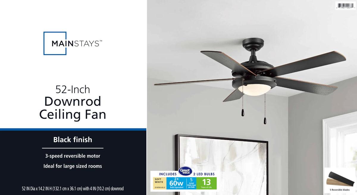 Mainstays 52" Transitional Satin Nickel Indoor Ceiling Fan with Light, Pull Chain Control & Reverse Airflow