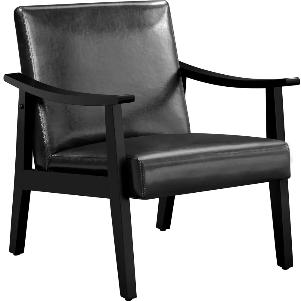 Yaheetech Mid-Century Upholstered Faux Leather Armchair with Solid Wood Legs,Brown
