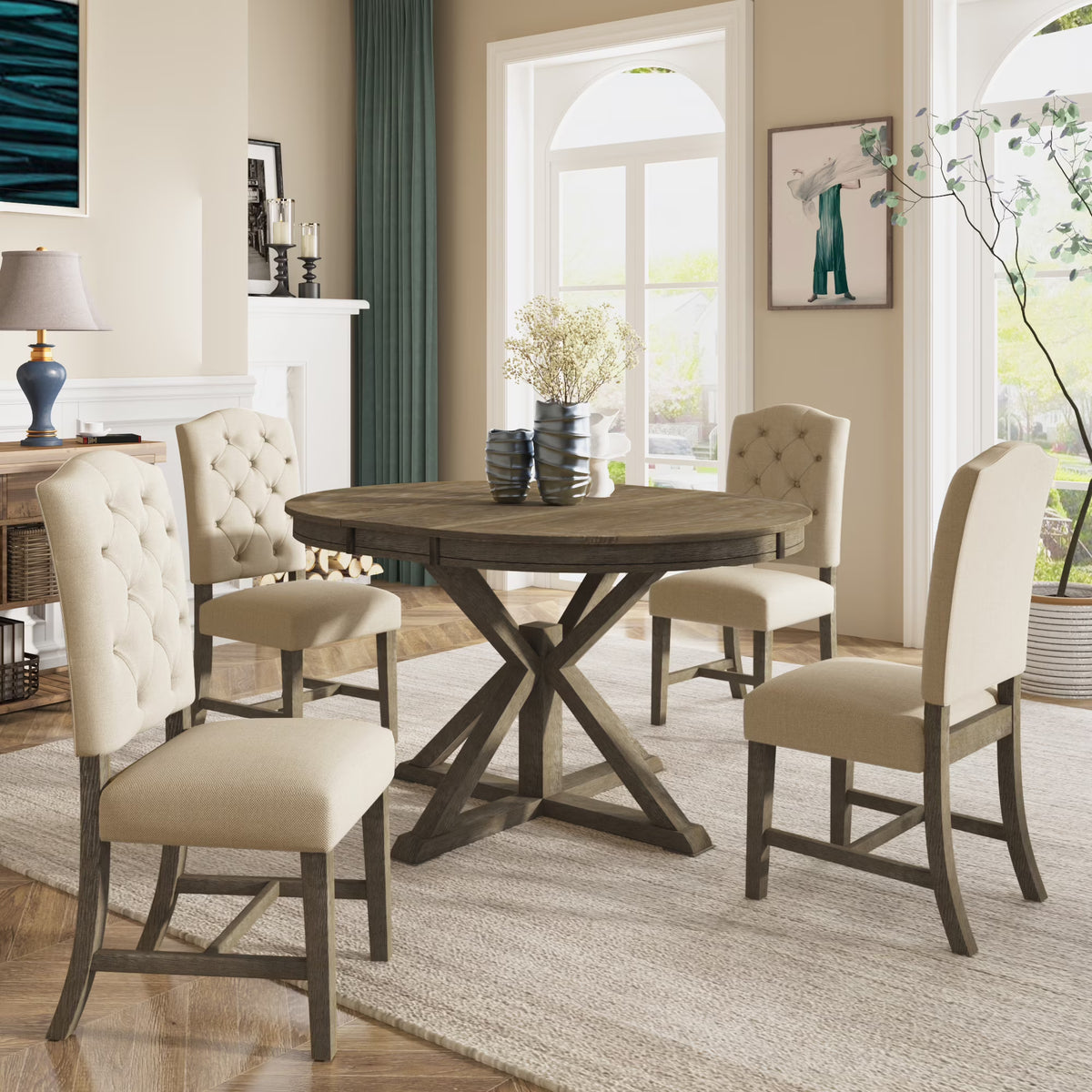 Besthome Farmhouse Extendable Round Kitchen Dining Room Table Set with Upholstered Chairs of 4, 5 Piece Round Dining Table Set with Extendable Table, Espresso