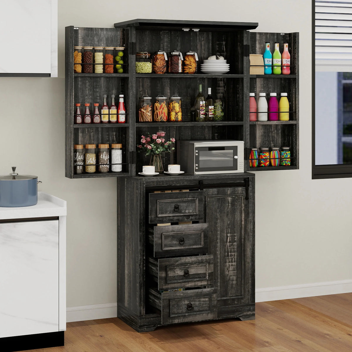 Uforic Pantry Storage Cabinet with Doors & Drawers, Kitchen Cabinet with Shelves, White
