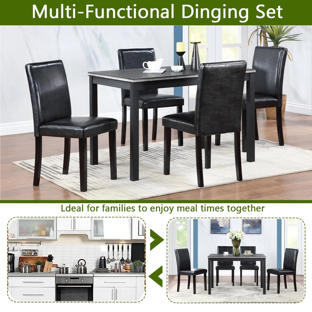 PORKISS Dining Table Set for 4, Solid Wood Dining Room Set with 1 Square Table 4 Upholstered Chairs, Dinner Table with Padded Chairs for Home Kitchen, Gray