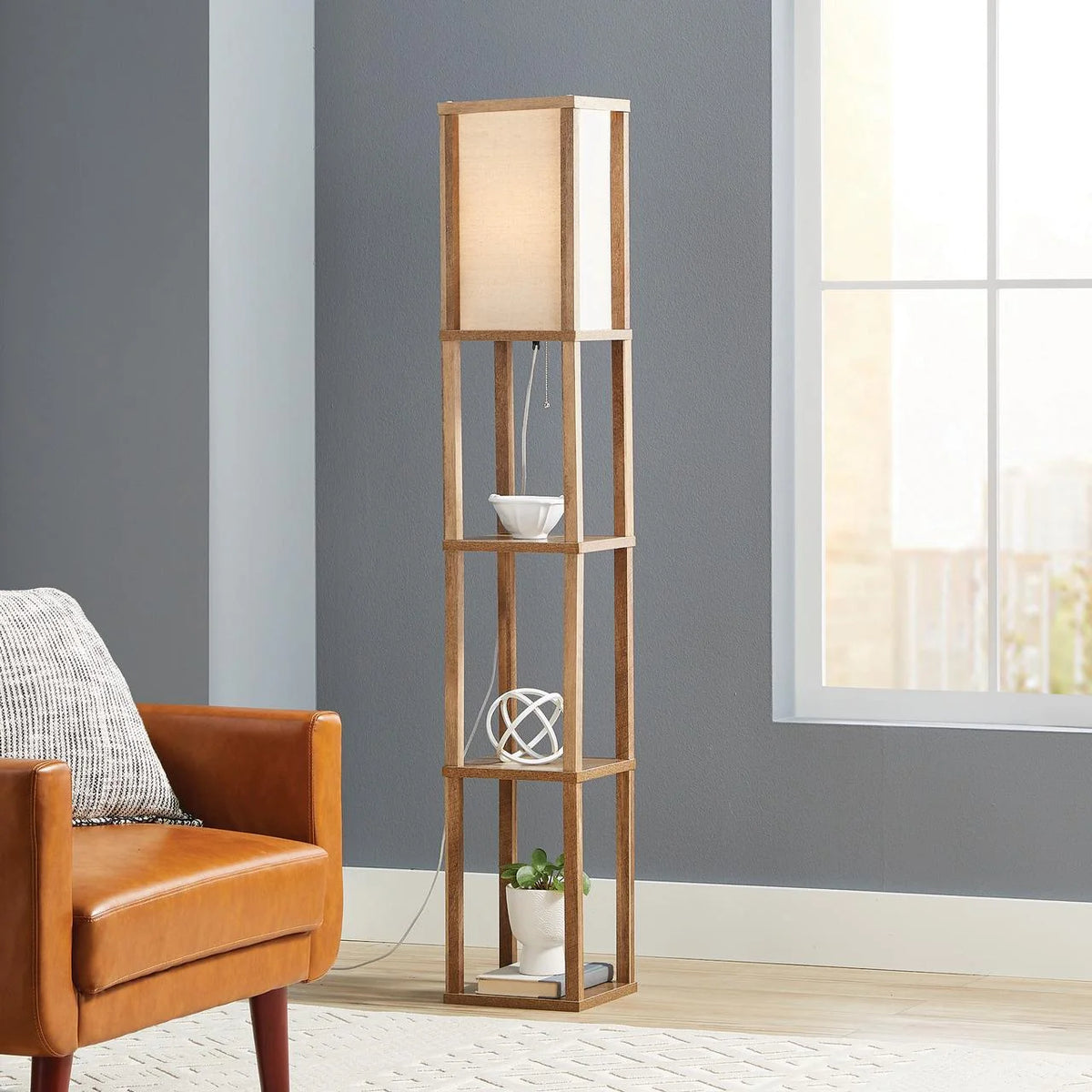Better Homes & Gardens 62.25" Modern Pull Chain Weathered Floor Lamp with Natural Square Shade