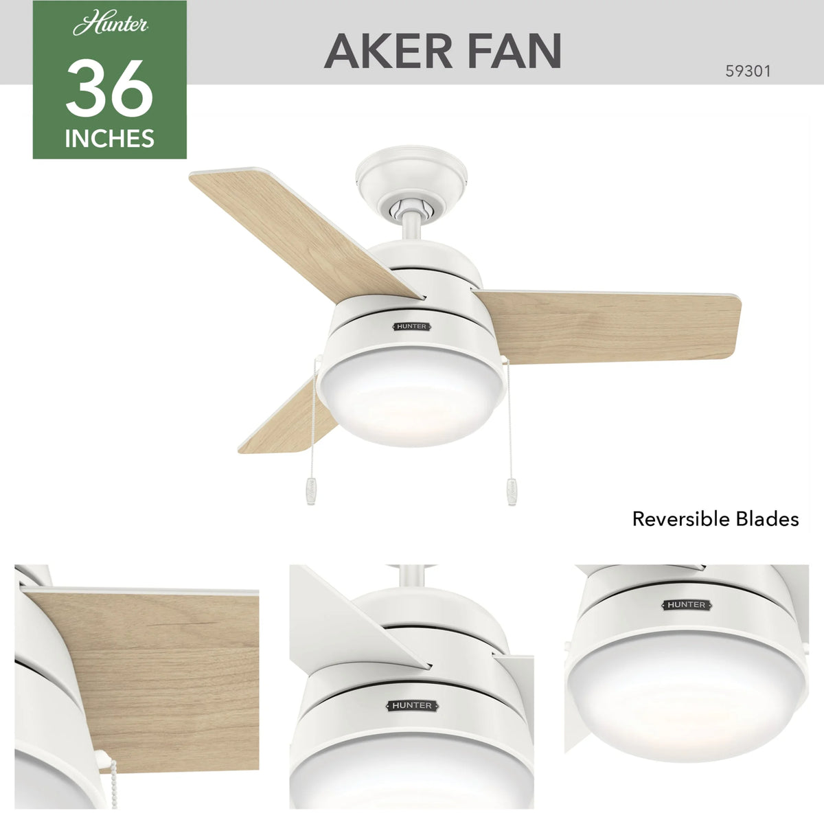 Hunter - Aker Indoor Ceiling Fan With Light, 36-inch, Fresh White, Modern-style, 3-speed WhisperWind Motor, 59301, for Living Rooms, Bedrooms