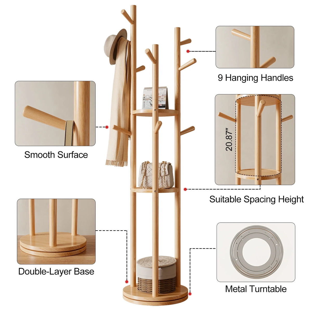 KASLANDI Solid Wood Rotary Coat Rack with 3 Shelves & 9 Hooks, Freestanding Hall Tree Stand, Coat Tree for Entryway, Living Room, Walnut, Easy Assembly