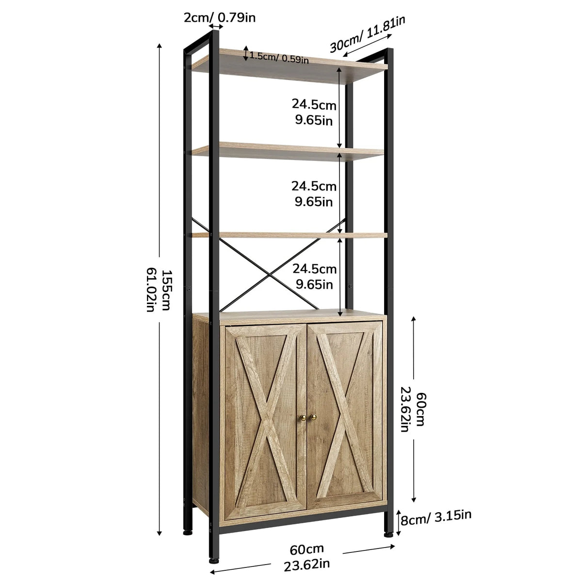 MONVANE Farmhouse Bookshelf and Bookcase with Doors, Crosshatch Design, 4 Shelves, Light Grey