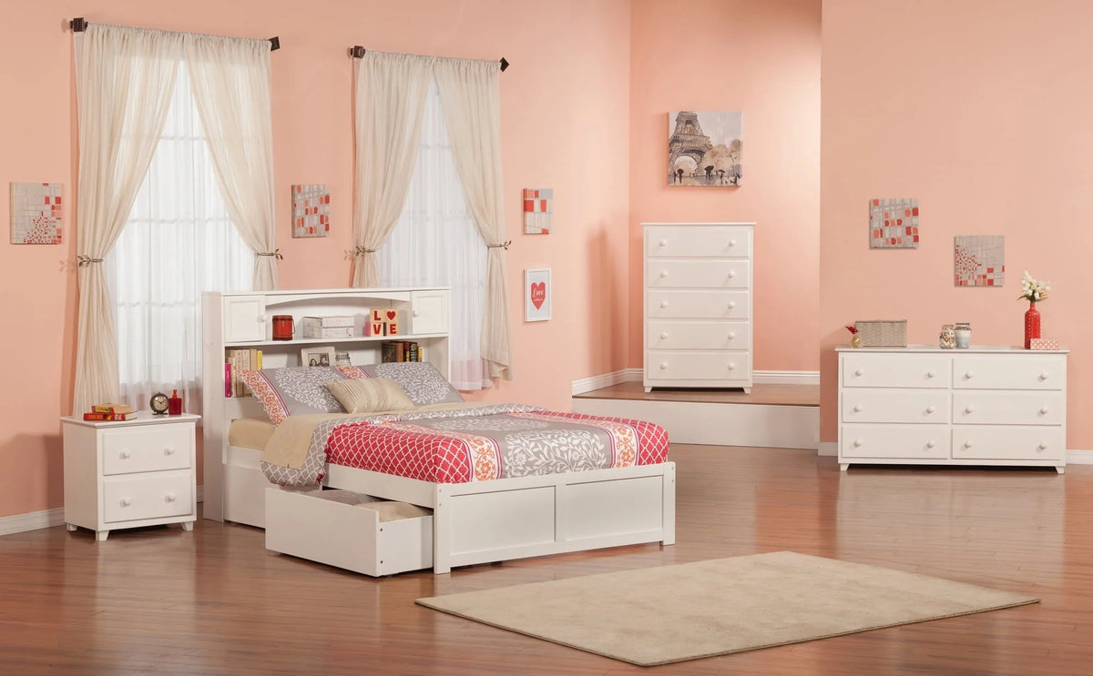 AFI Newport Full Solid Wood Platform Bed with Footboard & 2 Storage Drawers in White