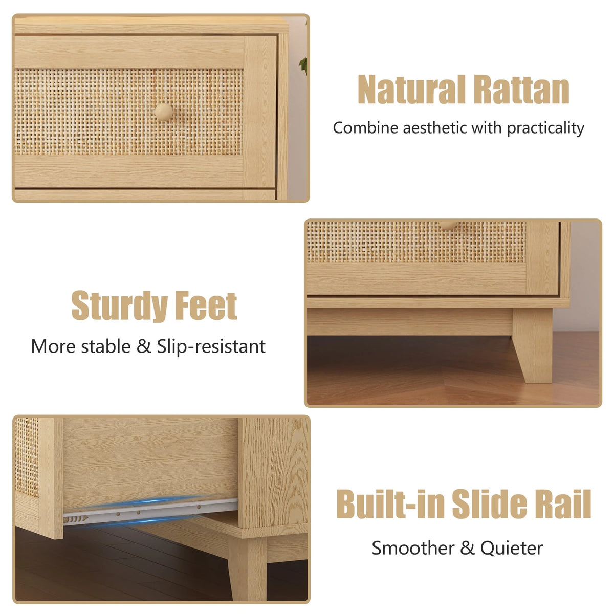 FANRAL 3 Drawer Dresser for Bedroom,Boho Small Natural Rattan Closet Dressers Chest of Drawers,Modern Wood Clothes Storage Organizer with Wooden Feet and Handles for Hallway,Living Room,Entryway