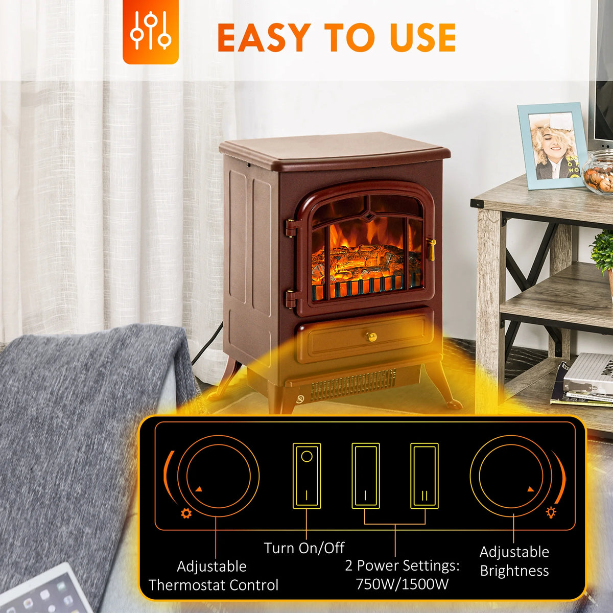 HOMCOM Electric Fireplace Heater, Fireplace Stove with Realistic LED Flames and Logs, and Overheating Protection, 725W/1450W, Red