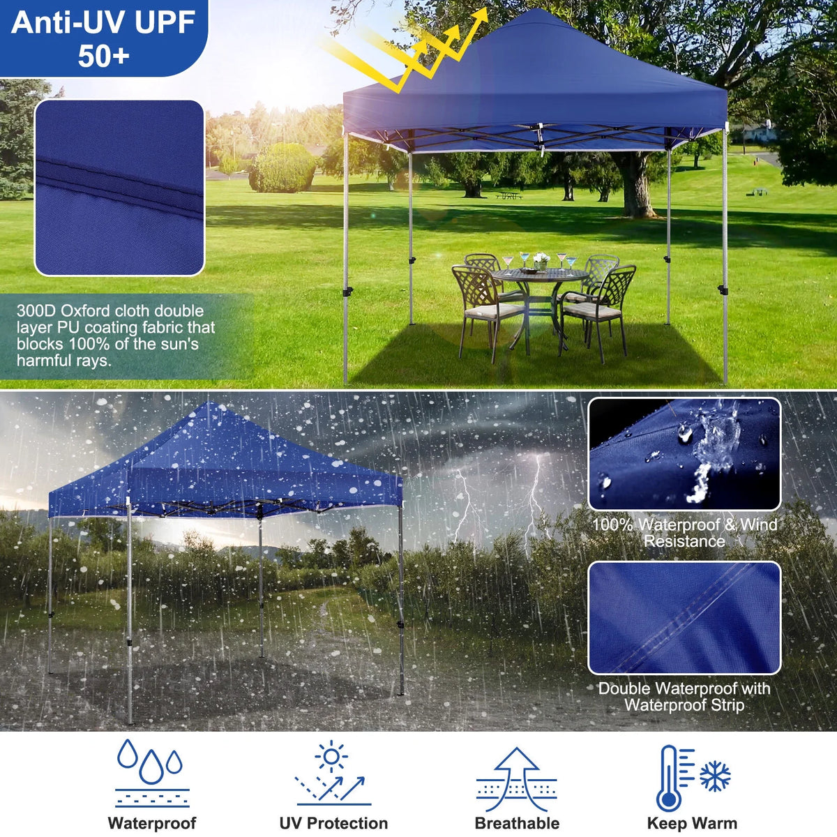 COBIZI 10x10 Heavy Duty Pop-up Canopy Tent for Outside, UPF 50+ Waterproof and Instant Outdoor Shelter, Outdoor Canopy for Beach,Party,Camping with Rope,Stake and Carrying Bag,White(Frame Thickened)