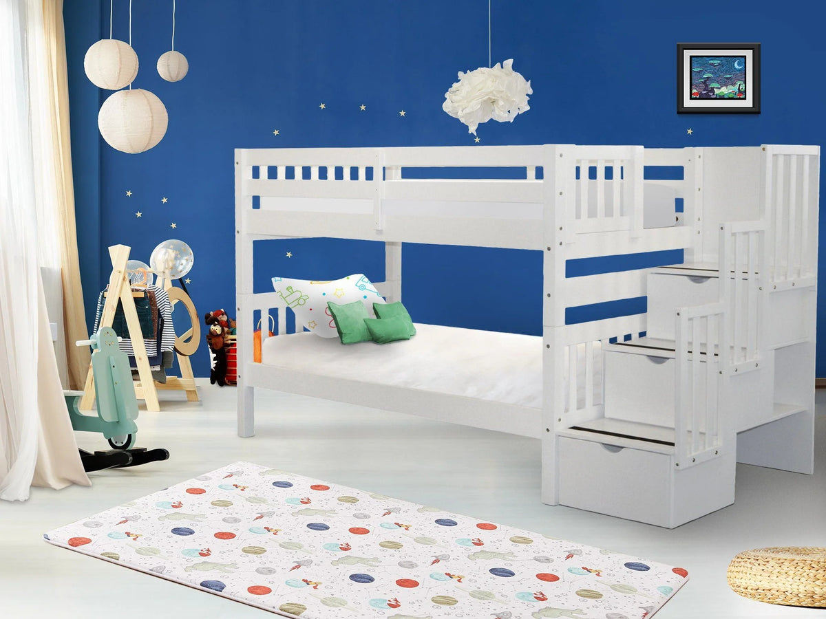 Bedz King Stairway Bunk Beds Twin over Twin with 3 Drawers in the Steps, White