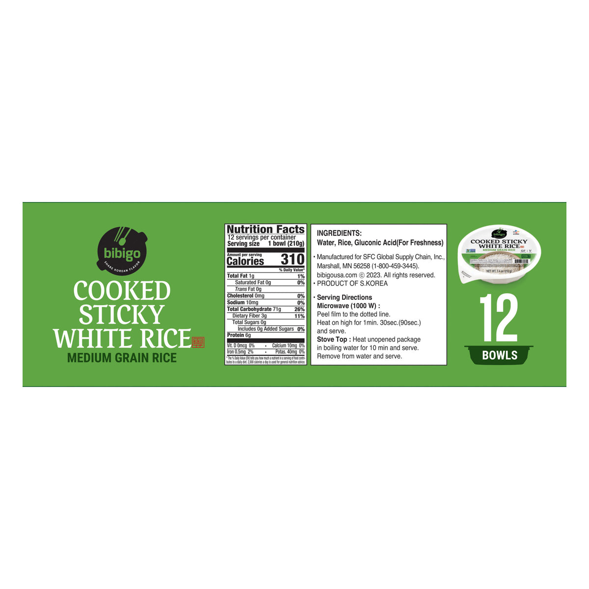 Bibigo, Cooked Sticky White Rice Bowls, Medium Grain, 7.4 oz, 12-Count