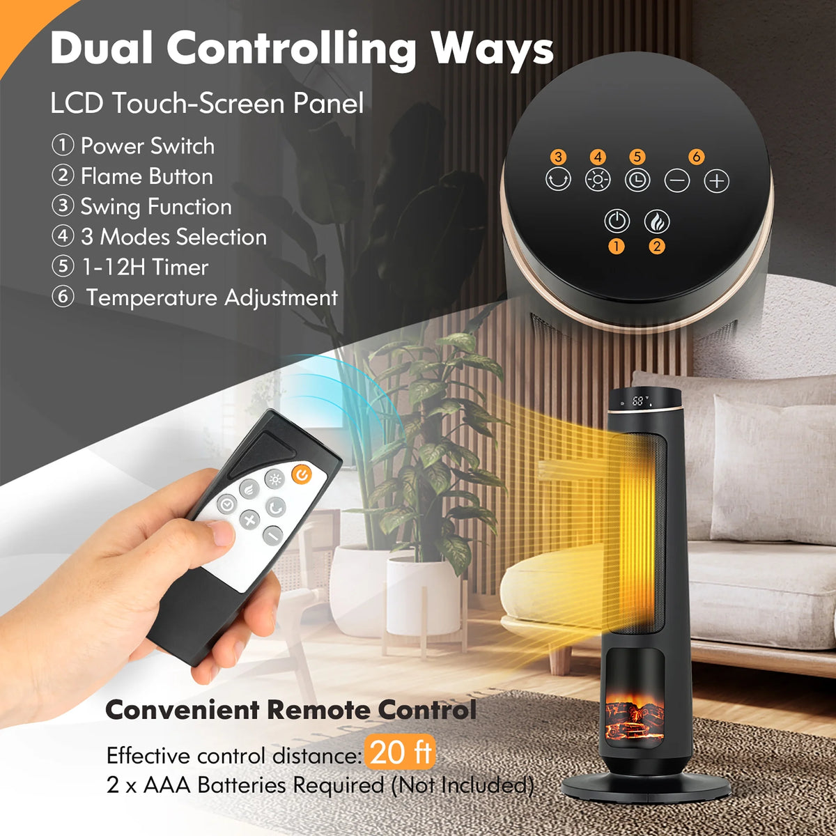 Costway 1500W Electric Space Heater PTC Fast Heating Ceramic Heater 3D Realistic Flame