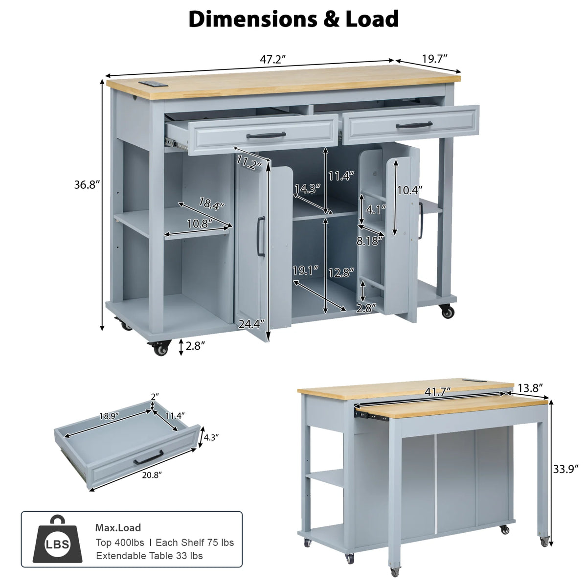 Kitchen Island with Extendable Table and Power Outlet, Wood Kitchen Rolling Cart with 2 Drawers & 2 Cabinets, Internal Storage Rack and Adjustable Shelf, Grey Blue