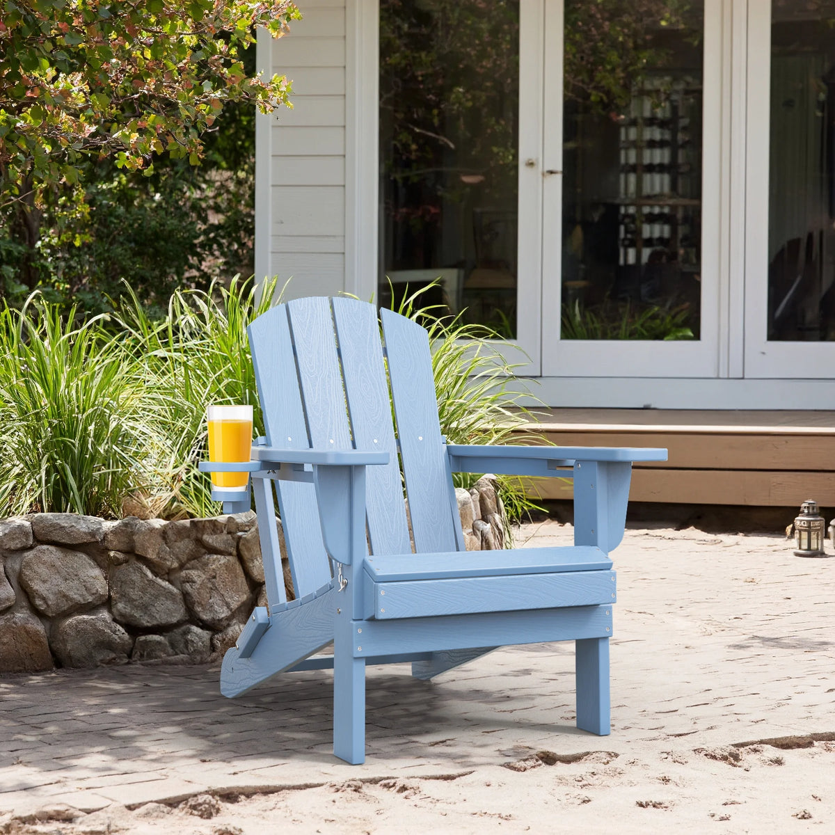 SERWALL Folding Adirondack Chair Set with Dual Cup Holders & Phone Holder, All-Weather HDPE Fire Pit Chairs for Outdoor, Patio, Poolside, Garden - Black