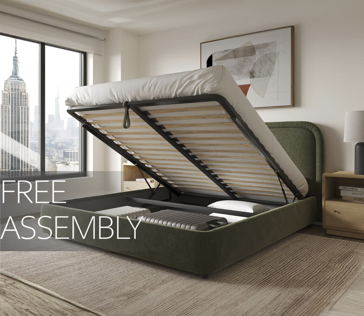 Modern Upholstered Platform Bed with Lift-Up Storage, Headboard, Wood Slats, Noise-Free