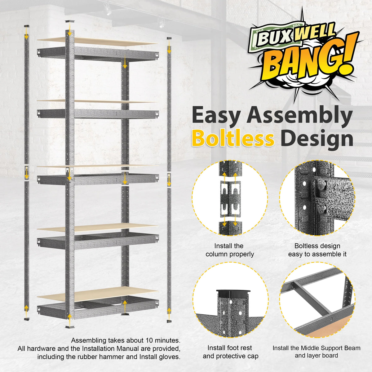 BuxWellBang 5-Shelf Heavy Duty Shelving - Adjustable Garage Storage Shelves