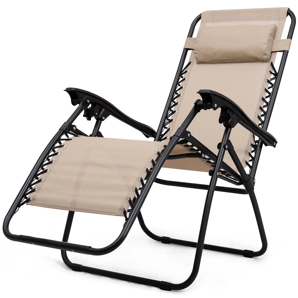 Gymax 3PC Zero Gravity Reclining Lounge Chairs Pillows Table Portable Folding Beige