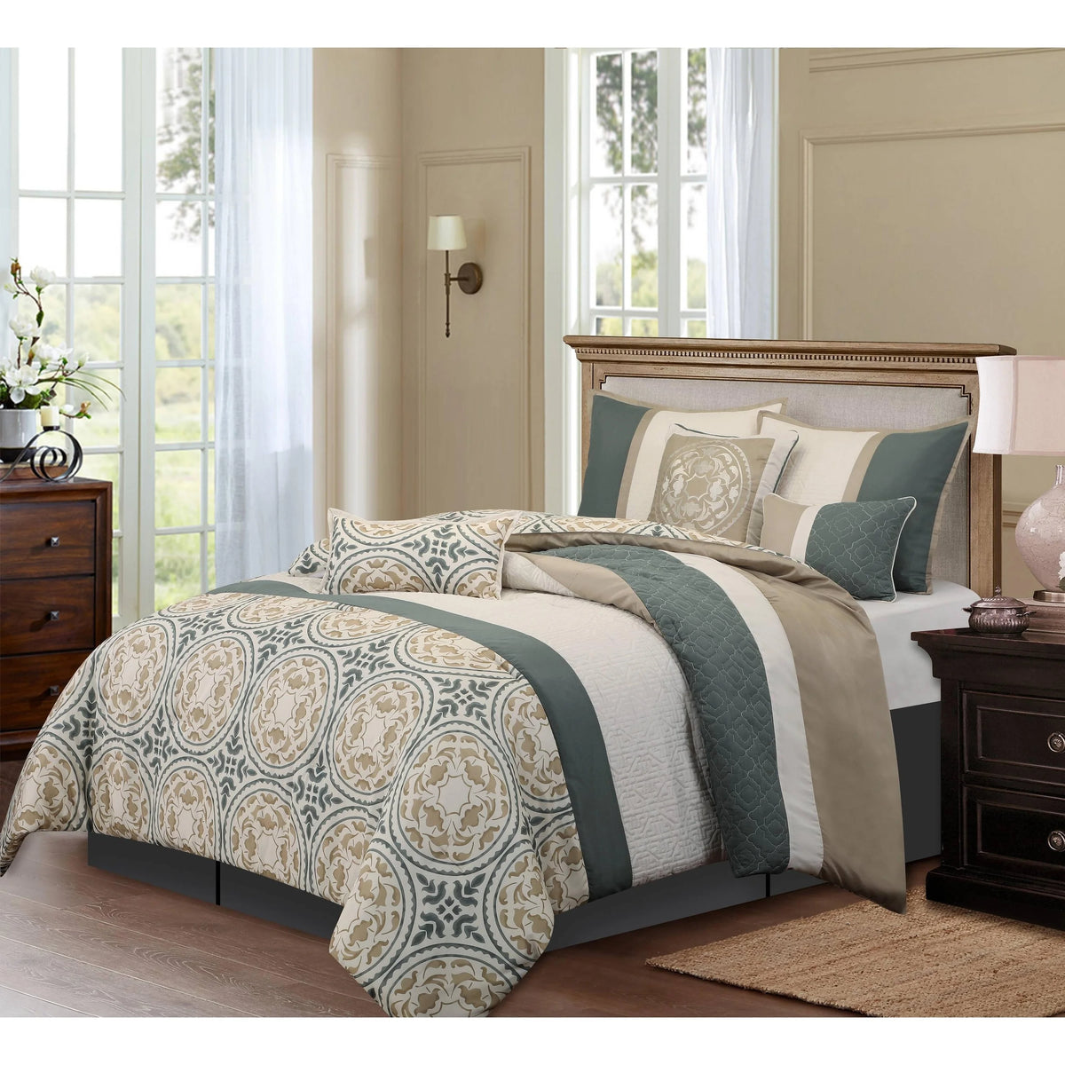 Nanshing Daffodil 7-Piece Medallion Print Comforter Set, Purple, King