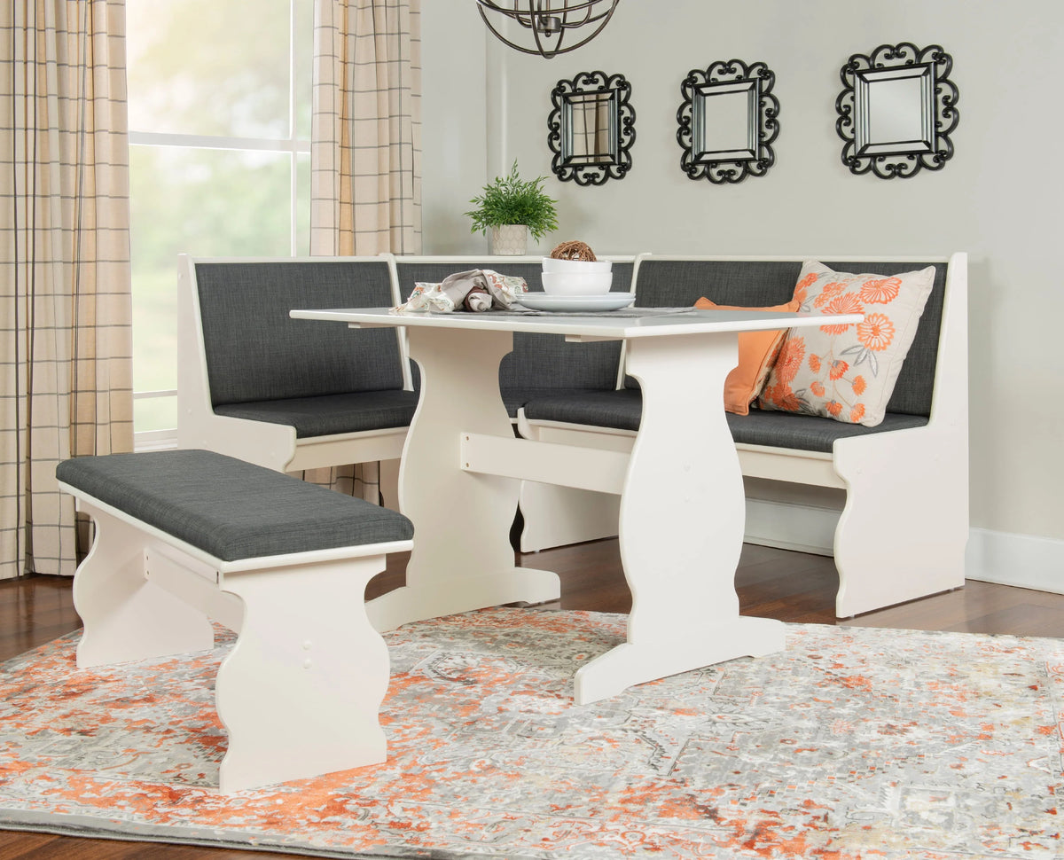 Linon Weston Corner Dining Breakfast Nook with Table and Bench, Seats 5-6, White Finish with Charcoal Fabric