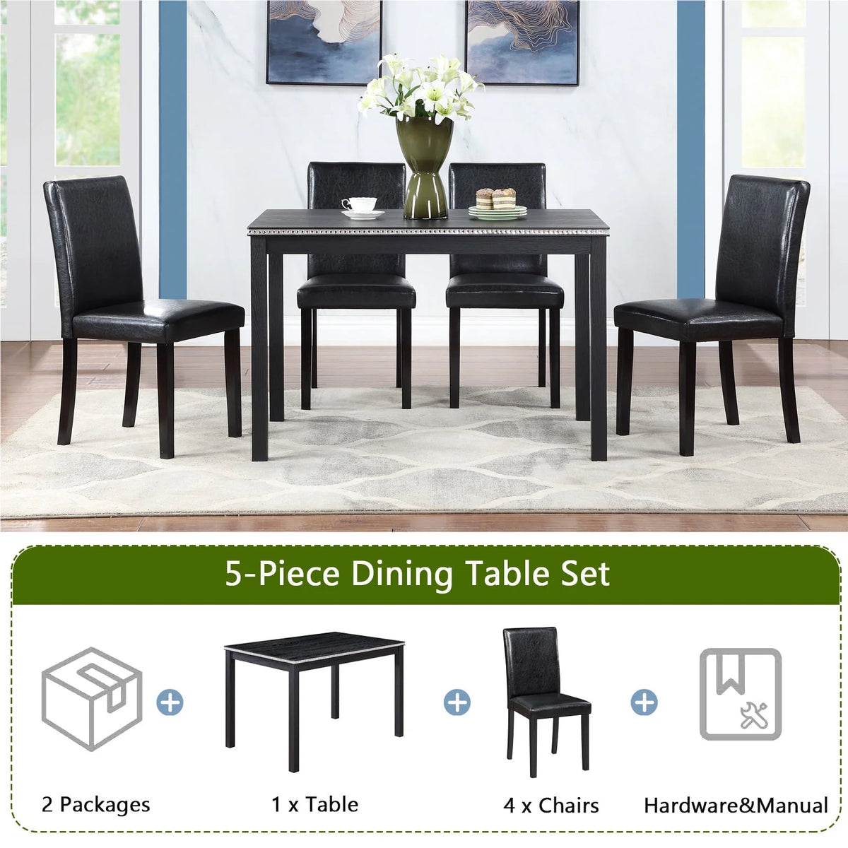 PORKISS Dining Table Set for 4, Solid Wood Dining Room Set with 1 Square Table 4 Upholstered Chairs, Dinner Table with Padded Chairs for Home Kitchen, Gray