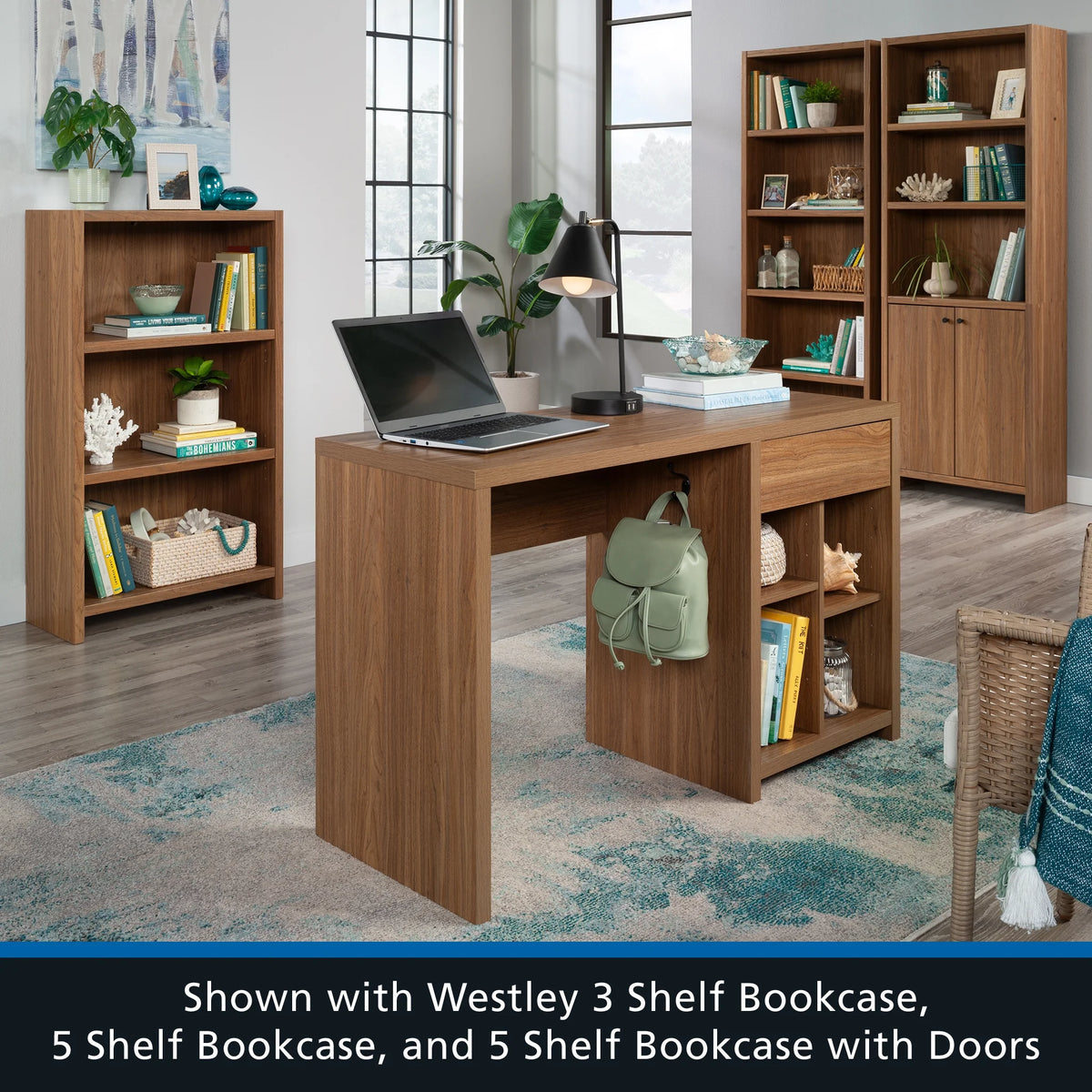 Mainstays Westley Adjustable Shelf Desk with Gaming Headphone Hook and Cable Management, Warm Walnut Finish