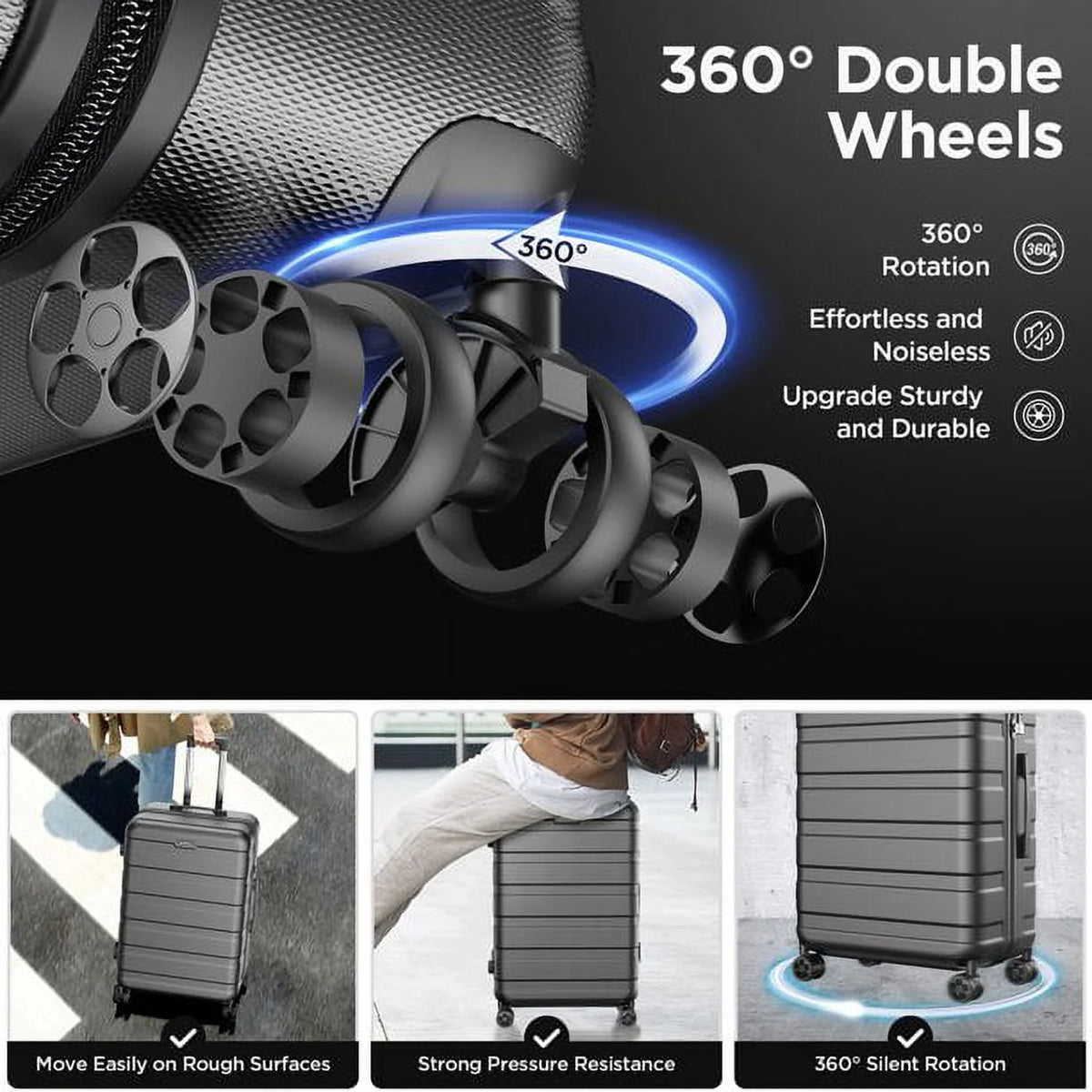 11Pcs Luggage Sets, ABS Hardshell Suitcase w/ Dual 360° Spinner Wheels & TSA Lock, Lightweight Durable Hardside Carry on Luggage for Travel, Deep Black