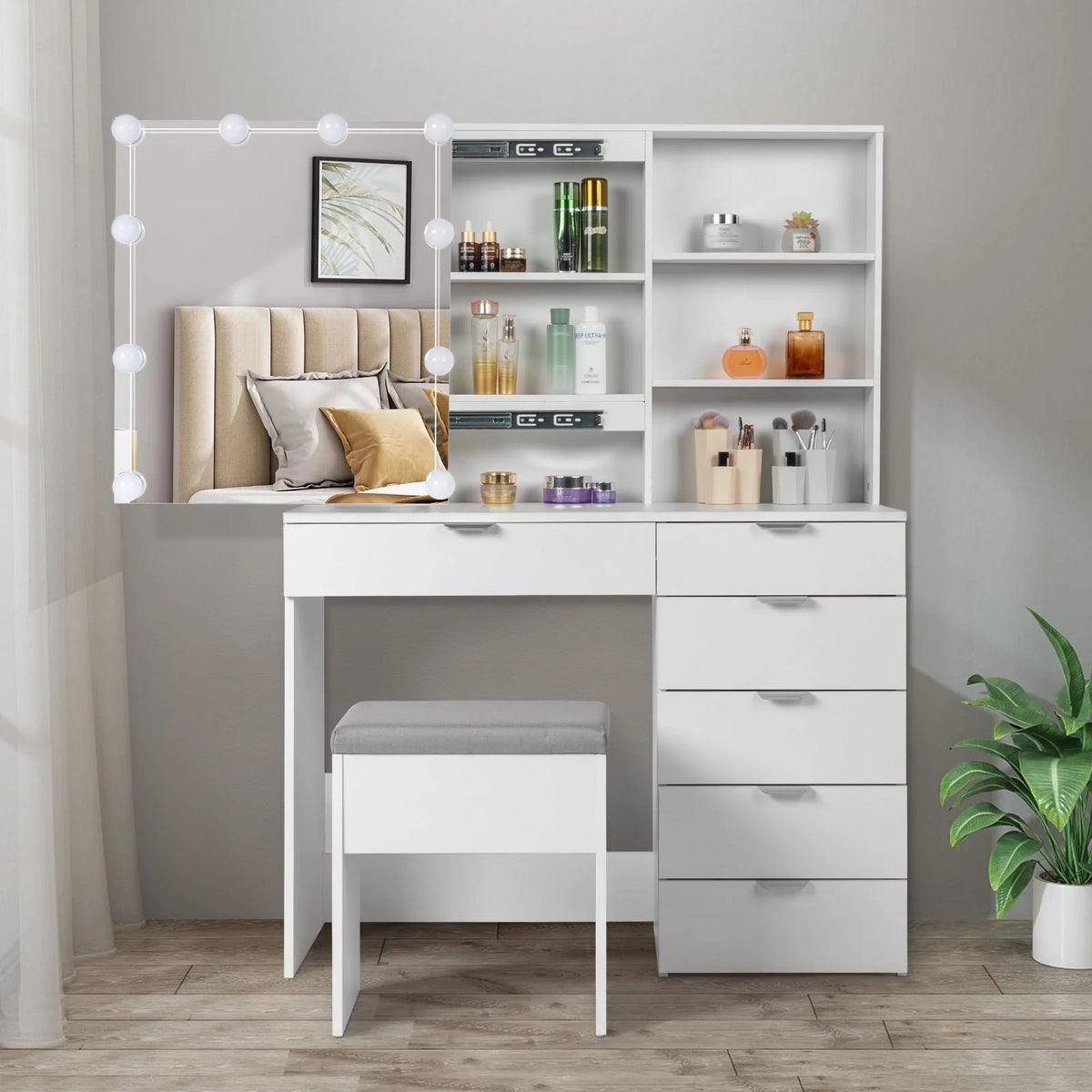 Ktaxon Vanity Set with 3 Color Lighted Mirror, Makeup Table with 6 Drawers, Dressing Table Makeup Desk with Stool,White