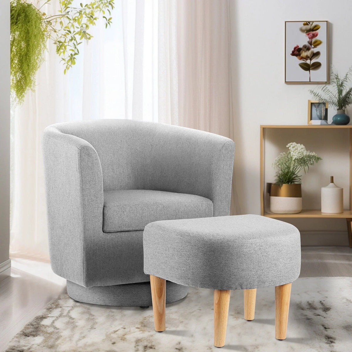 Dazone Swivel Armchair & Ottoman Set, Modern Accent Upholstered Single Sofa Chair With Footstool, 360°Rotating Armchair and Footrest Set, Club Tub Chair for Living Room Bedroom Reading Room,Gray