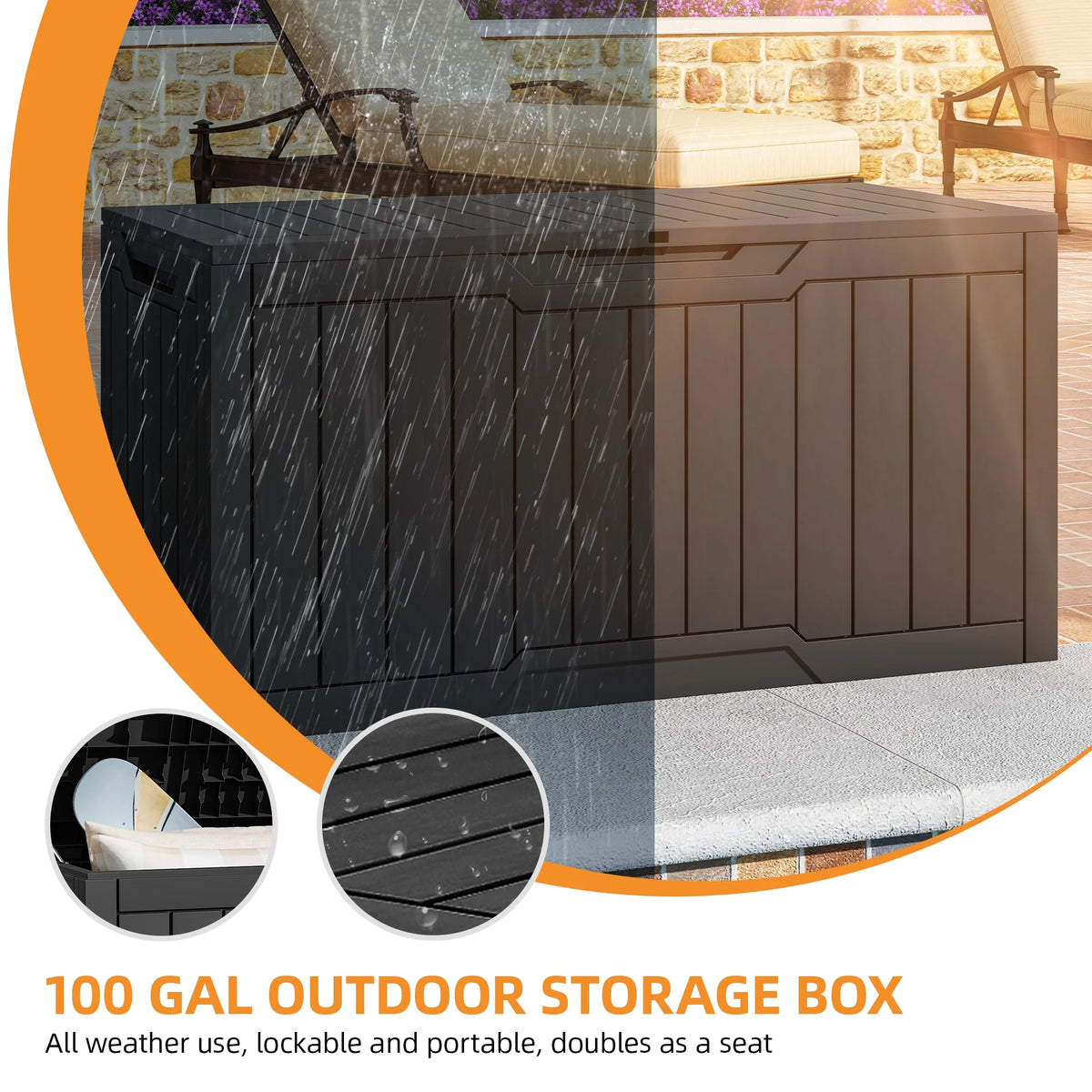 Uforic Outdoor 100 Gallon Resin Deck Box, Weatherproof&Lockable,Black