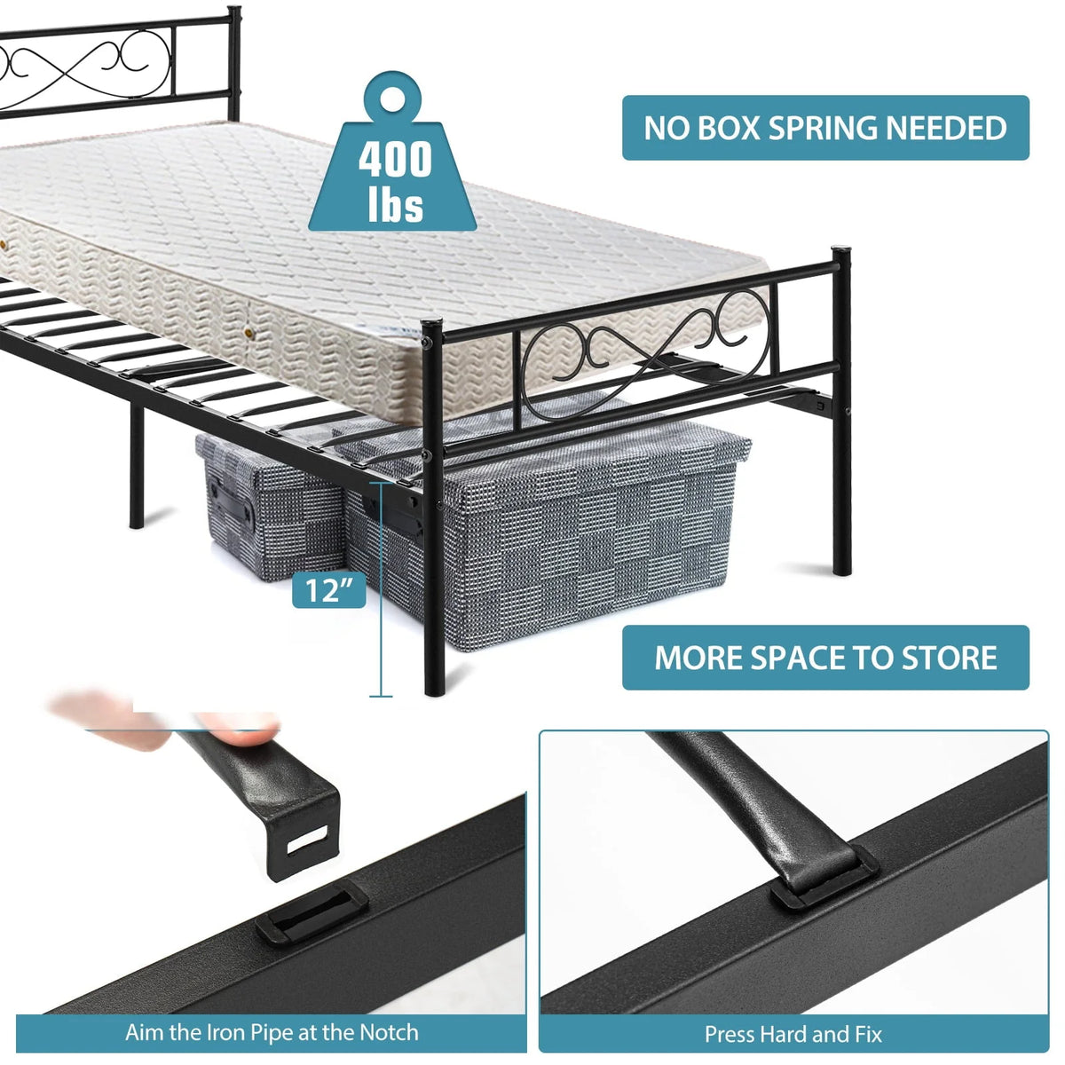 Lusimo Twin Bed Frame with Headboard Black 12 inch Metal Platform Bed Frame No Box Spring Needed Twin Size Easy Assembly