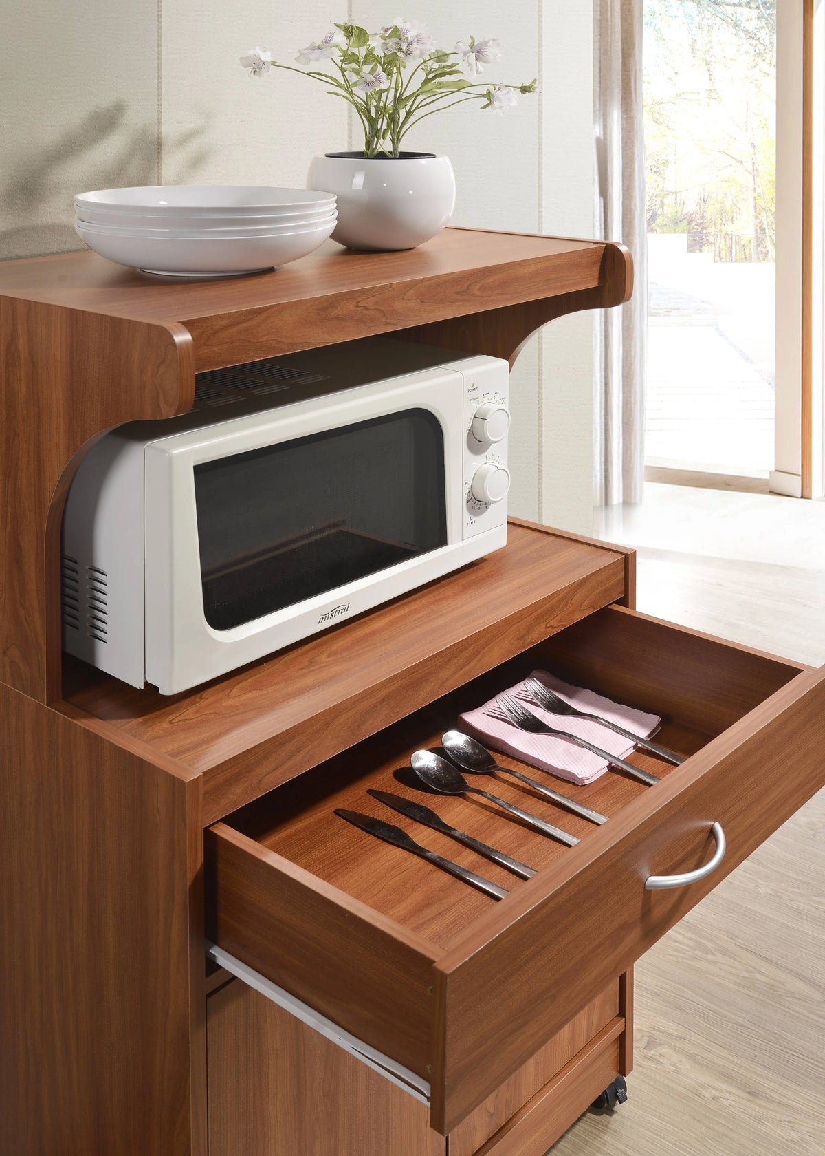 Hodedah Microwave Contemporary Wooden Kitchen Cart in Cherry Finish