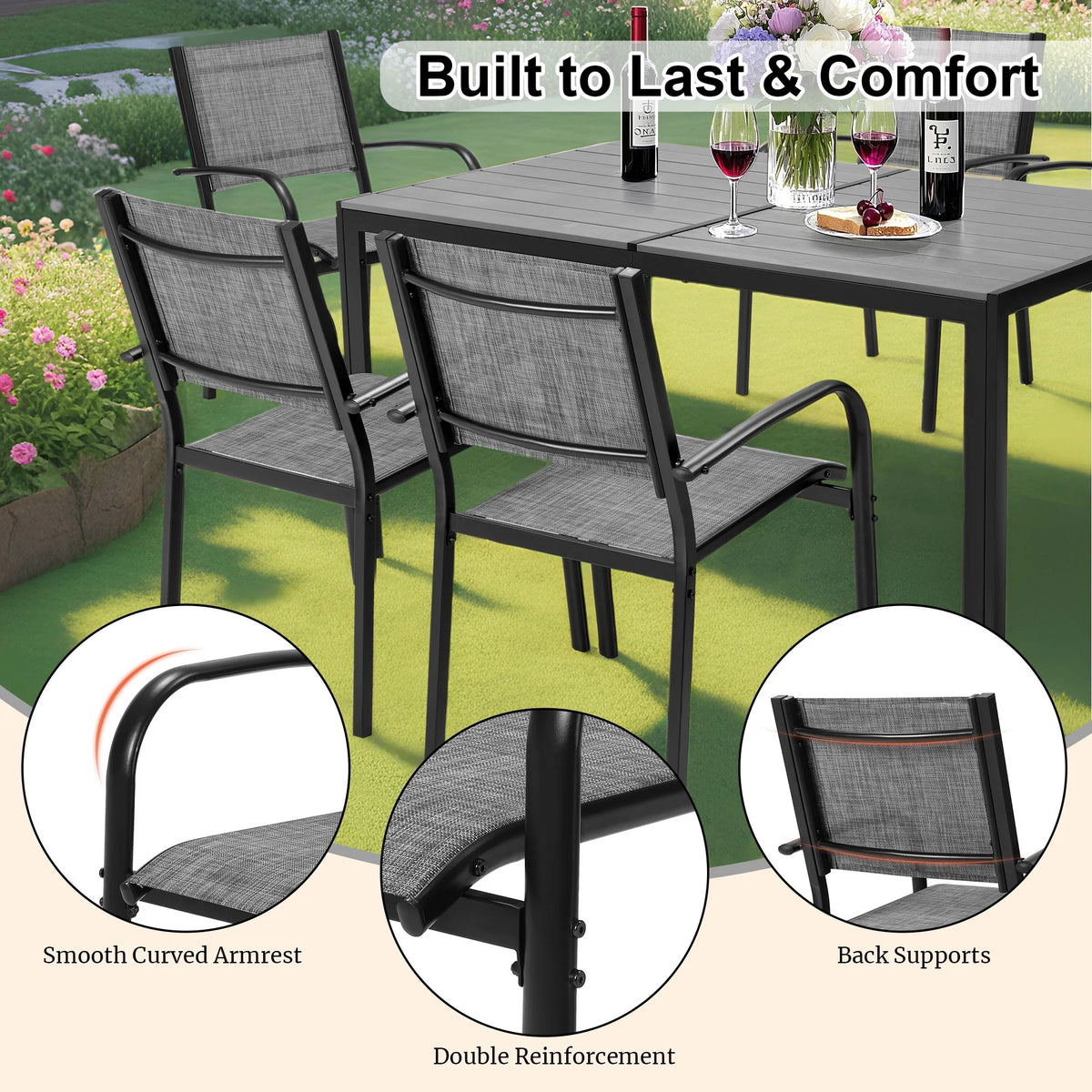 Seizeen 7-Piece Outdoor Table and Chairs, Patio Table Set with 6 Rattan Chairs, All-weather Outdoor Patio Dining Sets Rectangular Metal Table with Acacia Wood Top, Umbrella Hole, Gray