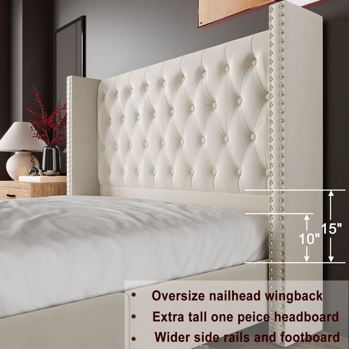 VanAcc Queen Bed Frame Upholstered Bed Wingback Headboard Velvet Tufted Diamond Button/No Box Spring Needed/Easy Assembly/Gray