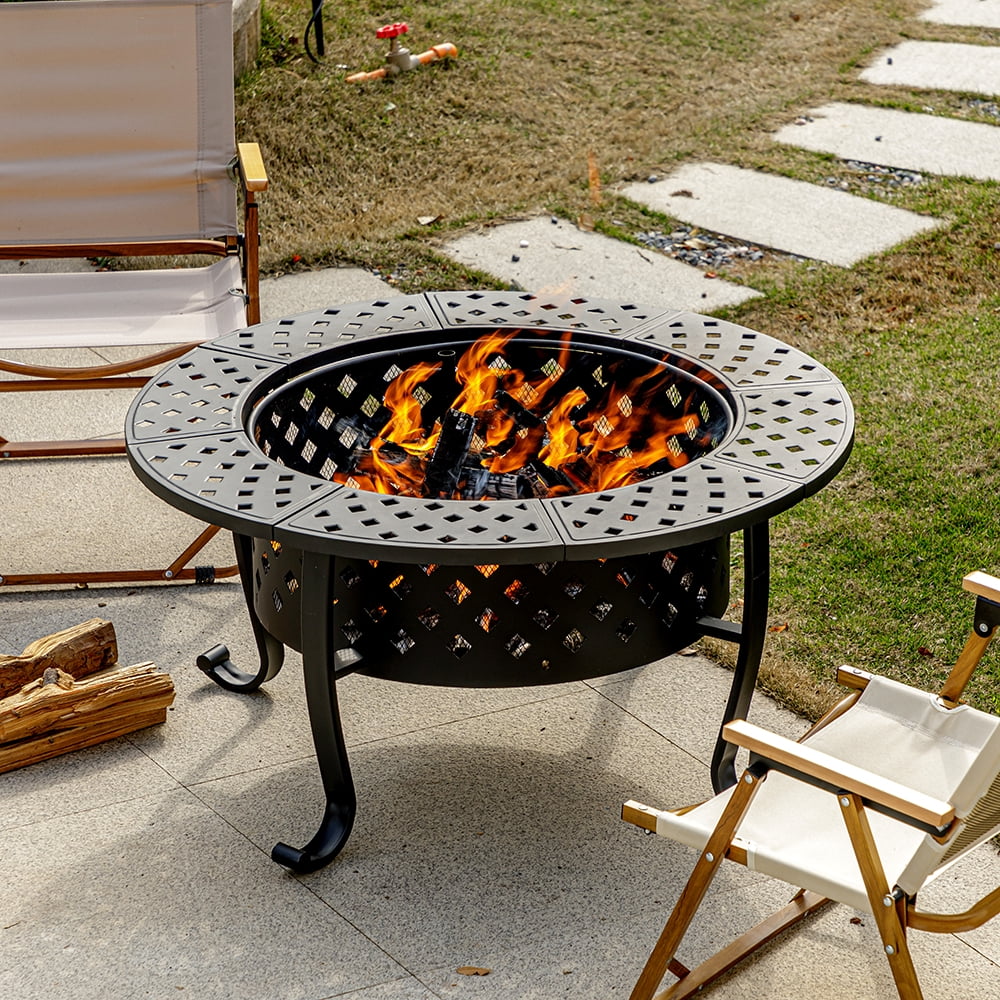 Outvue 36 inch Metal Fire Pit with 2 Grill and Lid for Outside, Garden