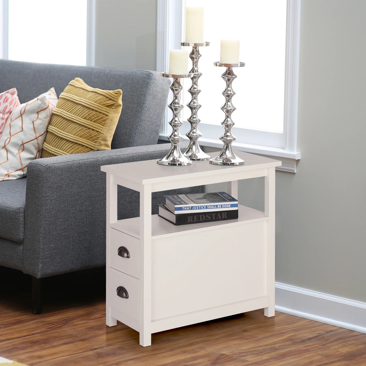 Alpha Joy Narrow End Table 4-Tier Small Side Table with 2 Drawers Nightstand Side Table Bedside Table Sofa Table, White, 2PCs