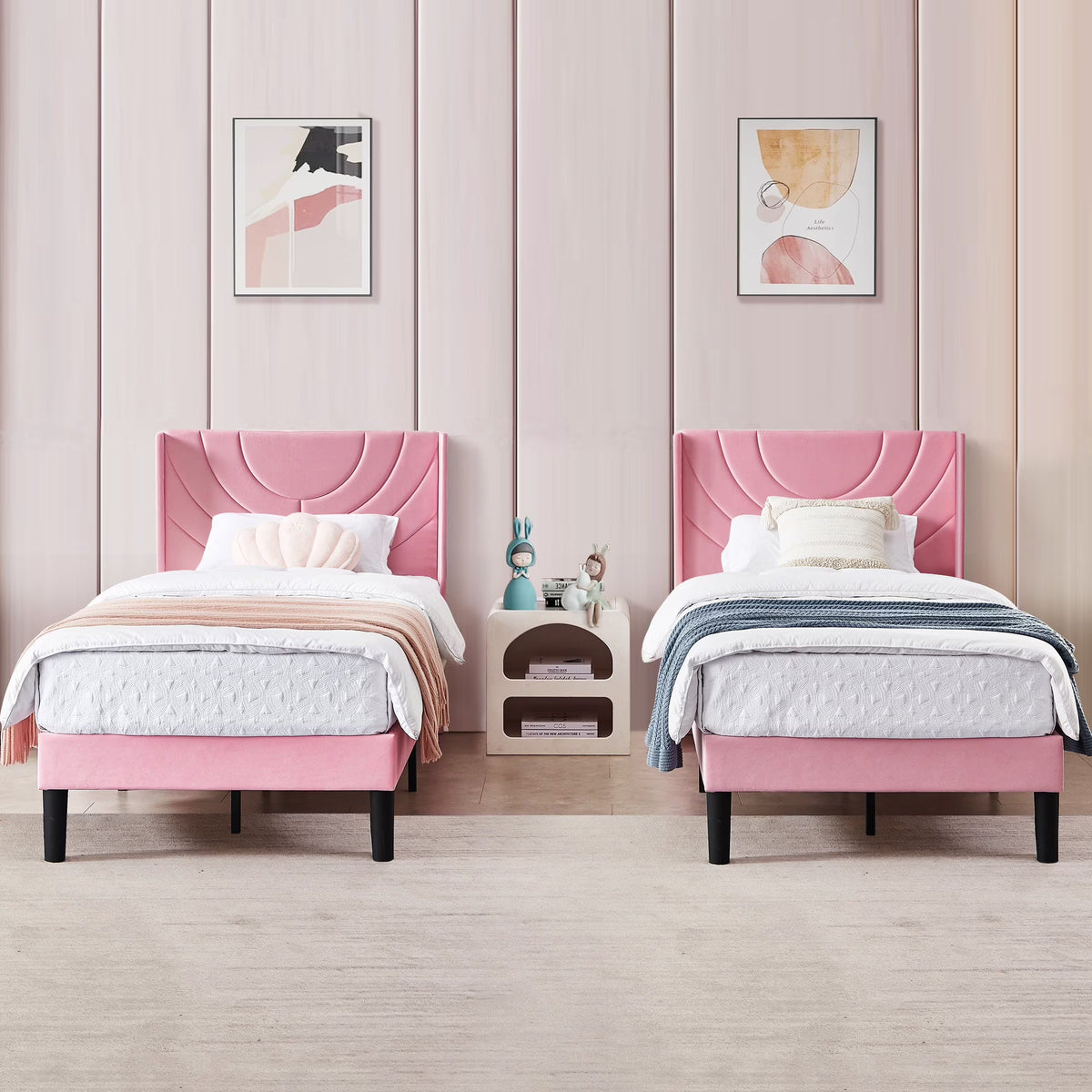 VECELO Set of 2 Twin Bed Frames, Modern Upholstered Platform Bed Frame with Tufted Headboard, No Box Spring Needed, Dark Green