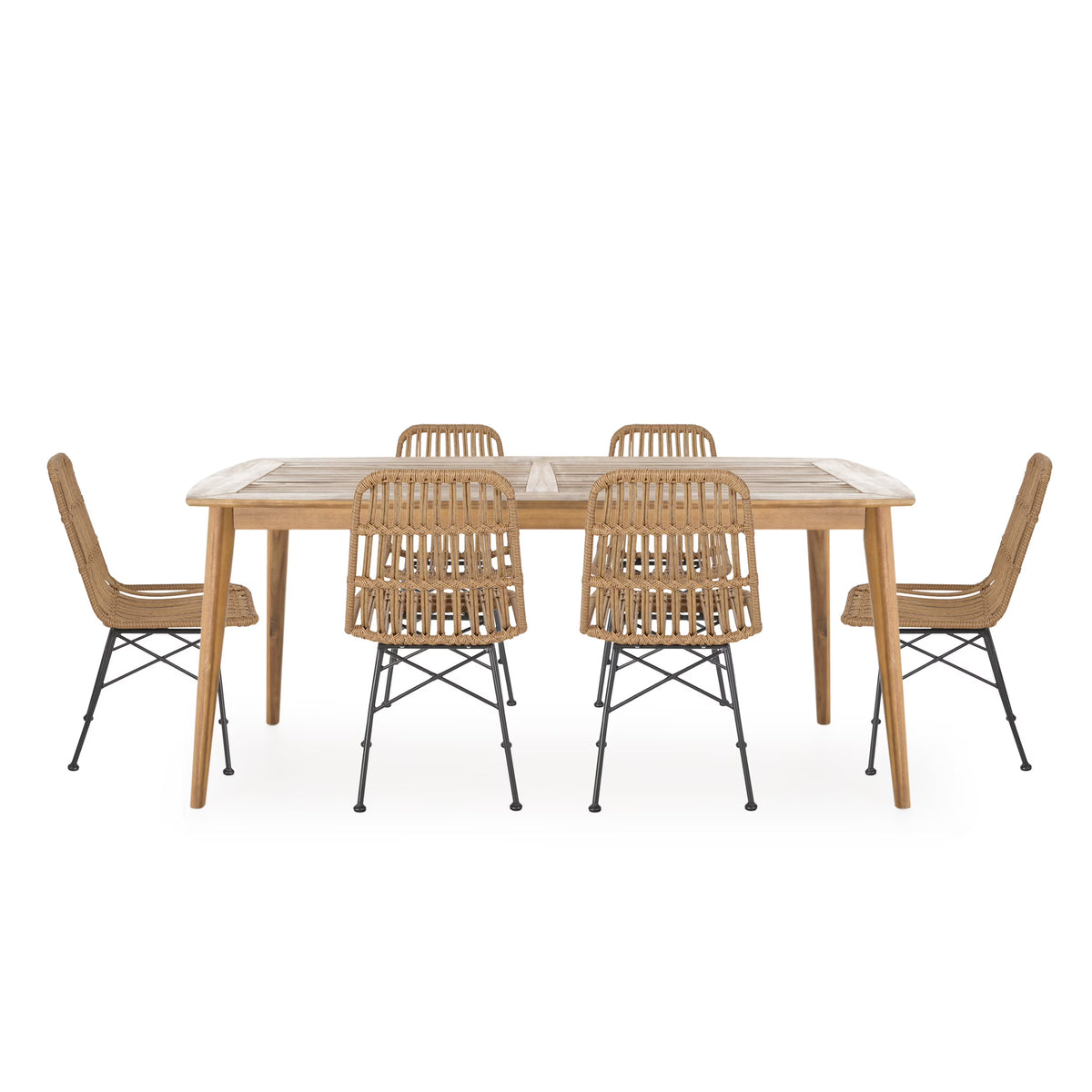 Zachariah Outdoor 6 Seater Wicker Dining Set, Teak, Light Brown