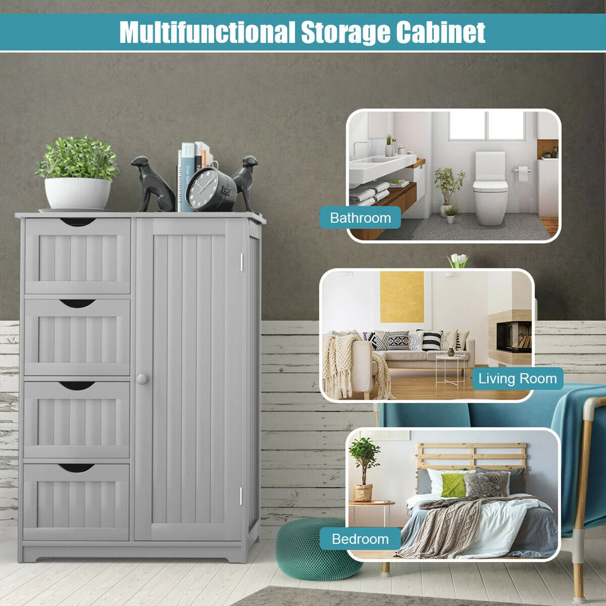 Gymax Bathroom Floor Cabinet Storage Organizer Cupboard w/ 4 Drawers Adjustable Shelf Grey