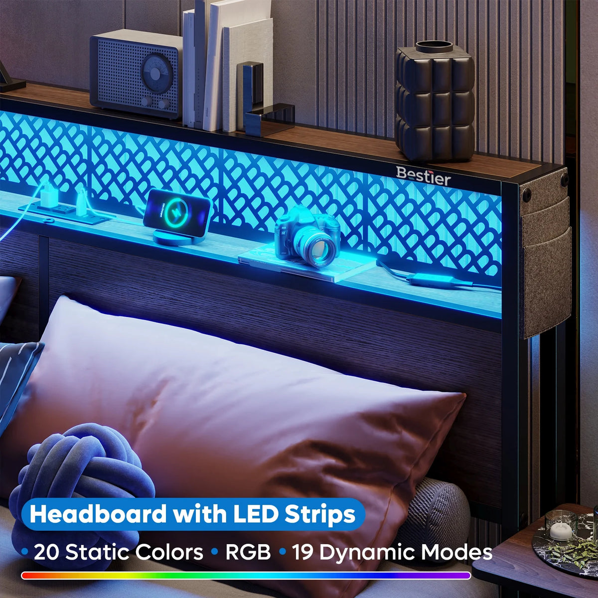 Bestier Queen Size Platform Bed Frame with Wood Foldable Bedside Shelves and LED Storage Headboard Charge Station, Gray