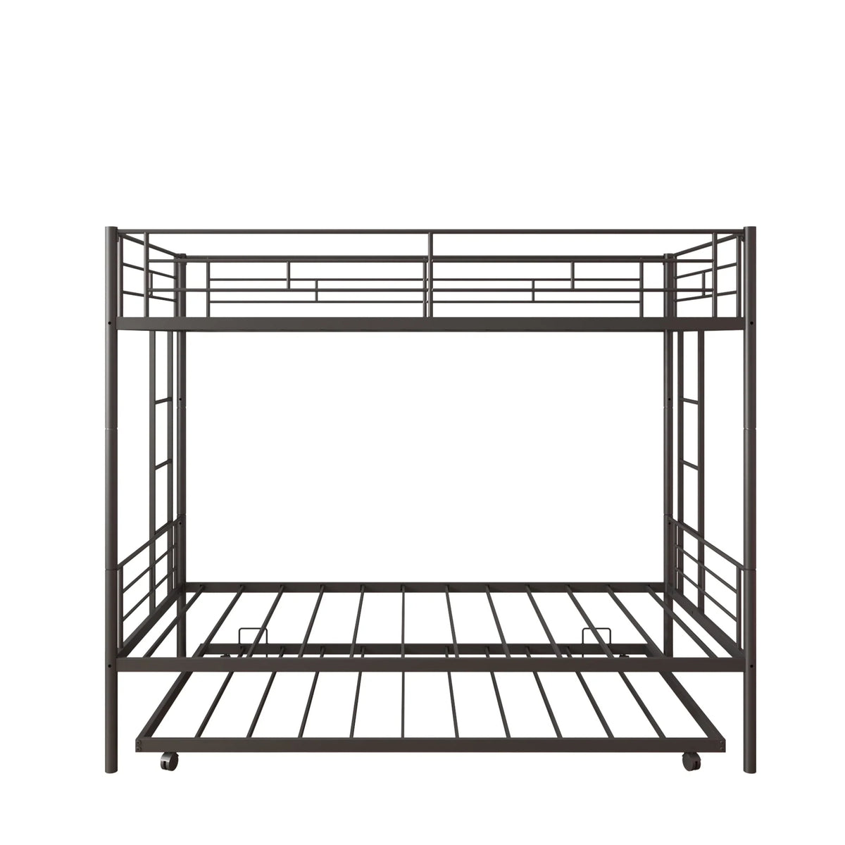 Twin Over Twin Bunk Bed with Trundle, Metal Twin Bed with Safety Guard Rail and Ladders, Space-Saving Design Sleeping Bedroom Bunk Bed for Boys, Girls, Kids, Young Teens and Adults, Easy Assembly, K92