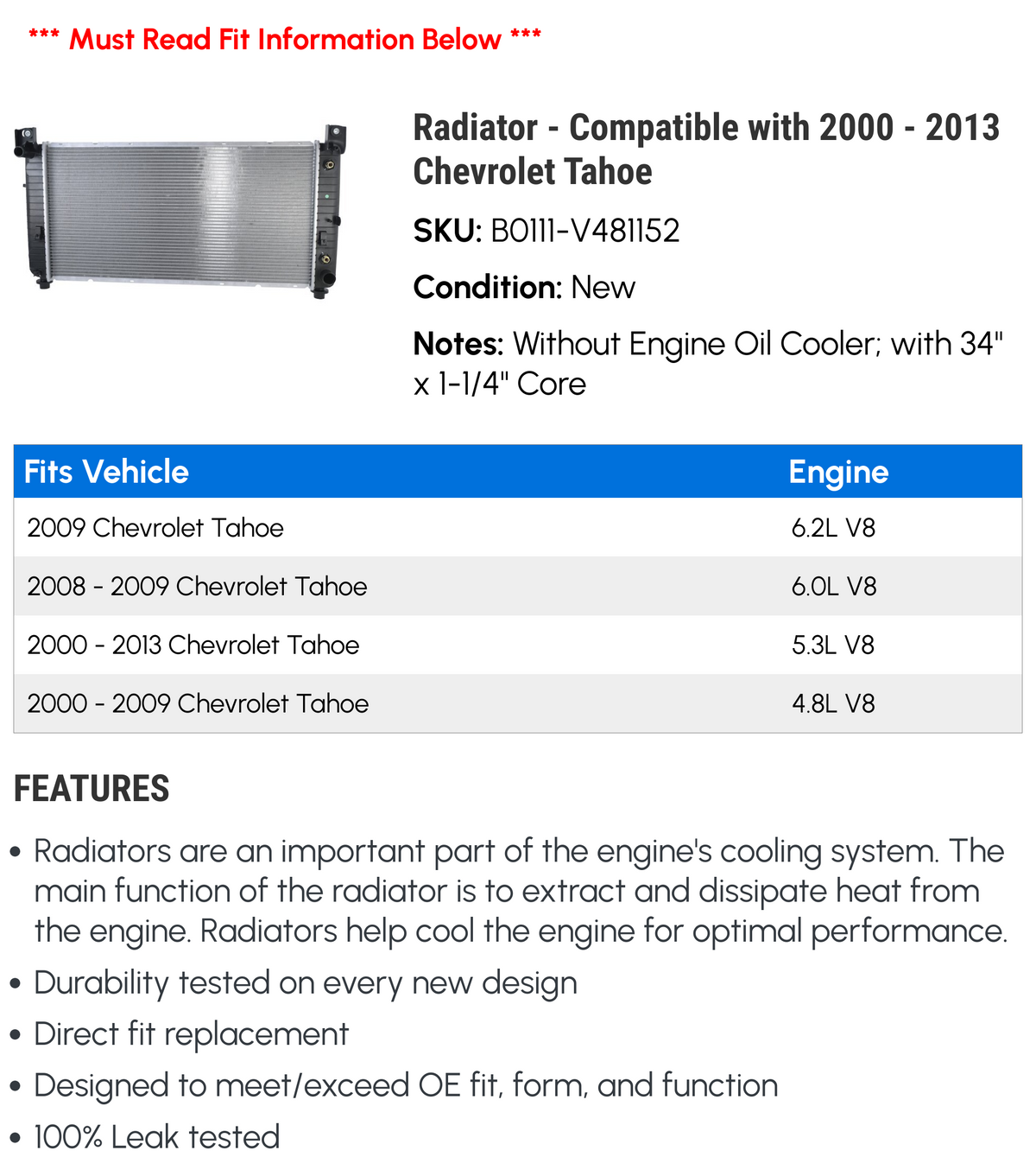 Radiator - Compatible with 2000 - 2013 Chevy Tahoe 2001 2002 2003 2004 2005 2006 2007 2008 2009 2010 2011 2012