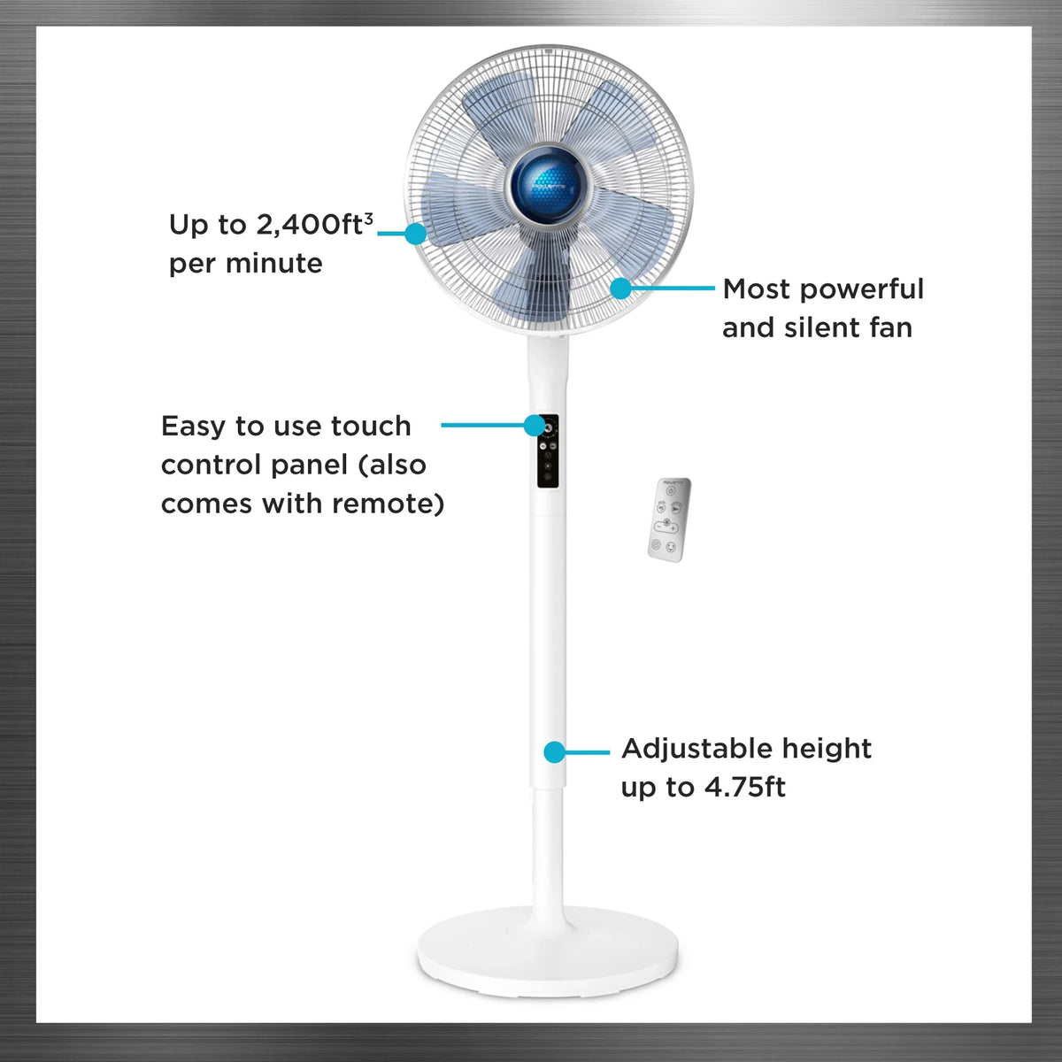 Rowenta Turbo Silence Standing Floor Fan with Remote, 53 Inch, Portable, 5 Speeds, VU5670