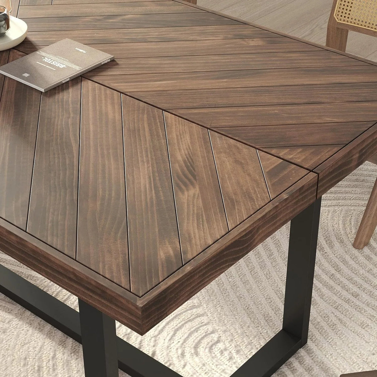 ChVans 72 inch Modern Farmhouse Solid Wood Dining Table for 6 to 8, Rectangular Kitchen and Dining Table with Metal Frame, Rustic Breakfast Table for Living, Dining Room(Brown+Pattern-72 in Dining Table)