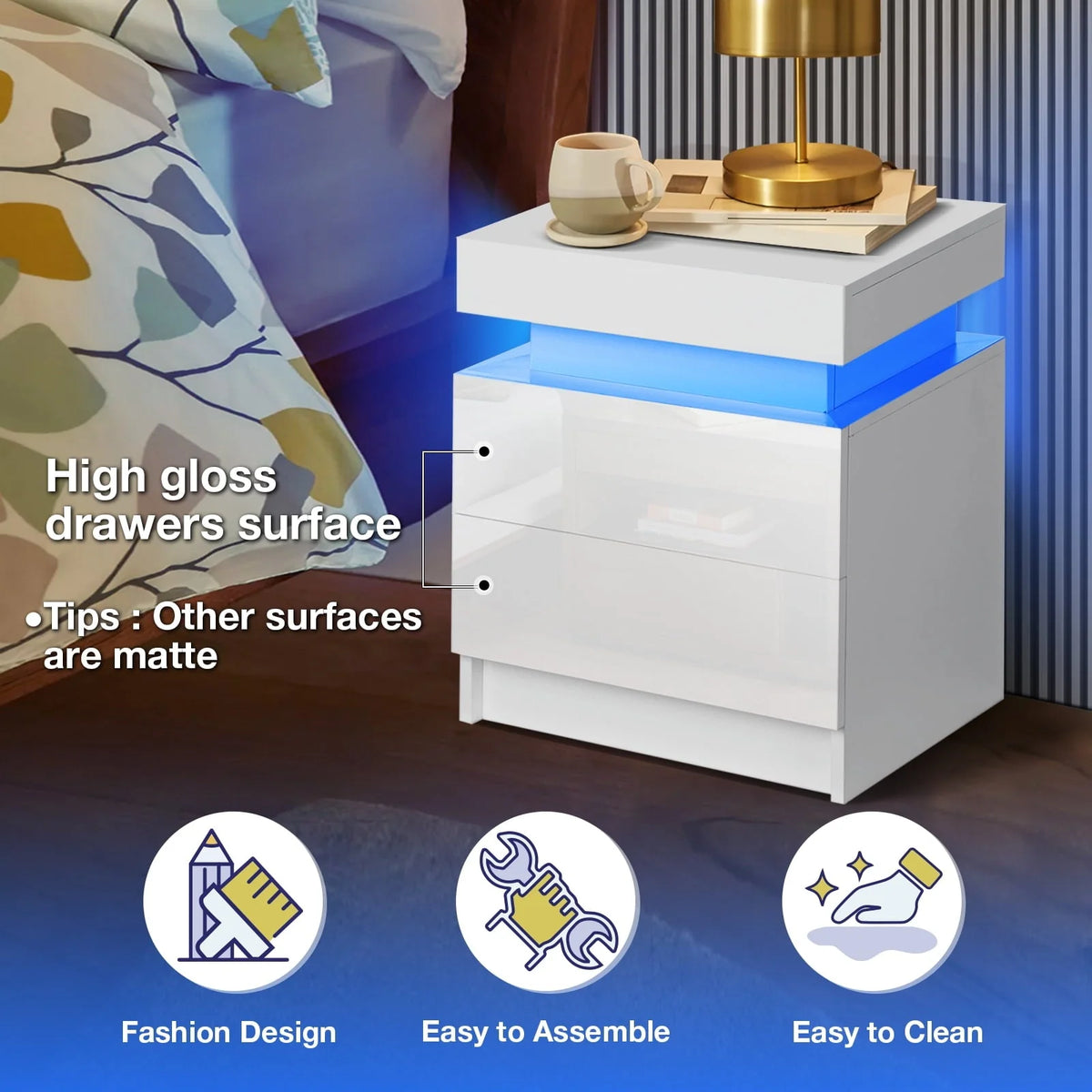 Hommpa Modern LED Nightstand with 2 Drawers High Gloss Led Light Bedside Table Storage White Night Table with Lights End Side Table with Drawer for Bedroom 20.5" Tall
