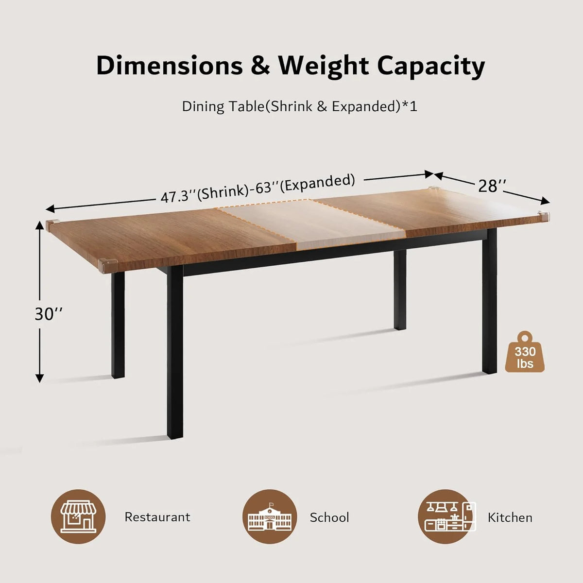 iPormis 63" Extendable Dining Table for 4-8, Square Wooden Dining Room Table with Metal Base, Modern Extendable Table for  Small Kitchens, Dining Office Areas, Black