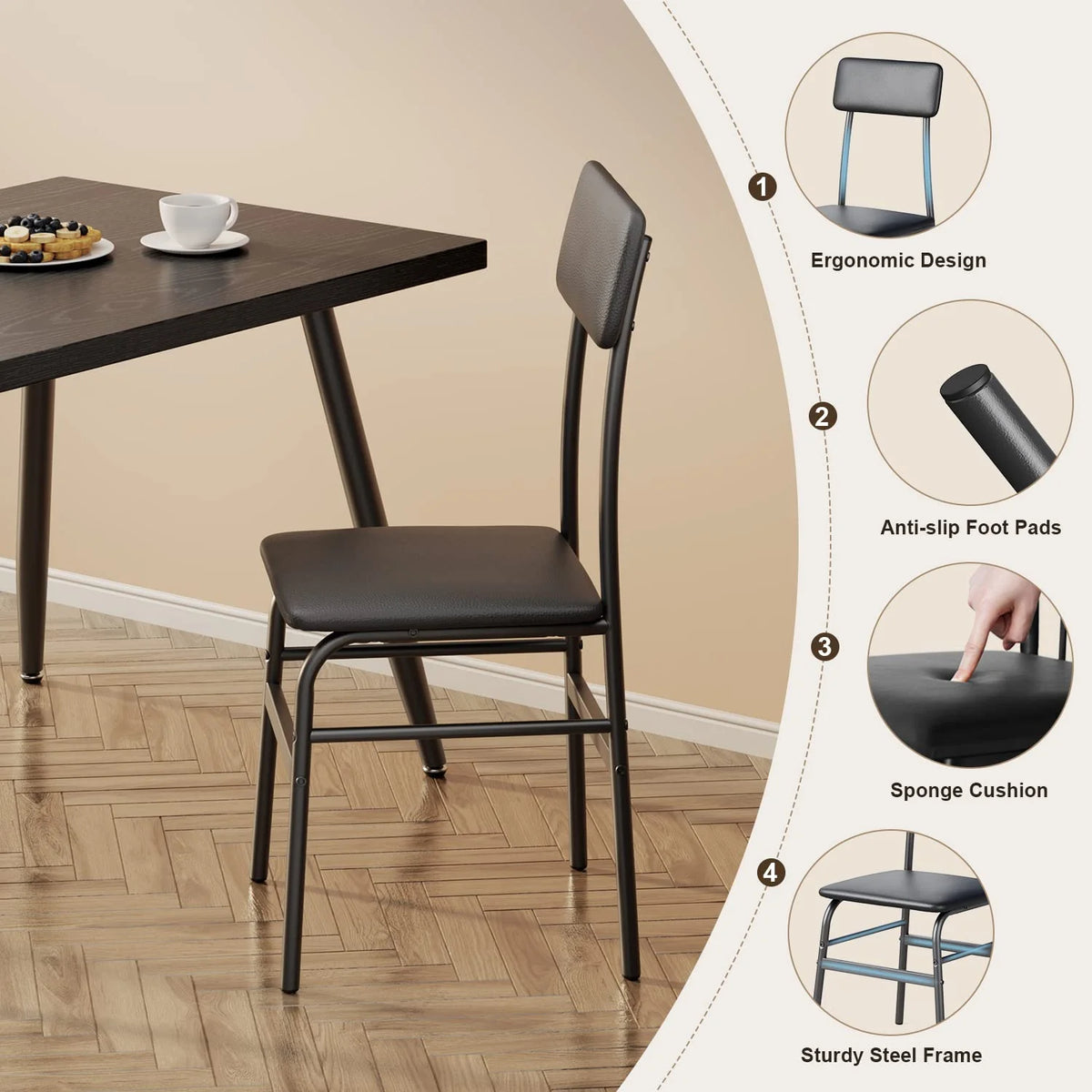 Aiho 5-Piece Modern Dining Set, Metal & Wood Table & 4 Chairs, Space-Saving for Small Spaces & Apartments, Retro