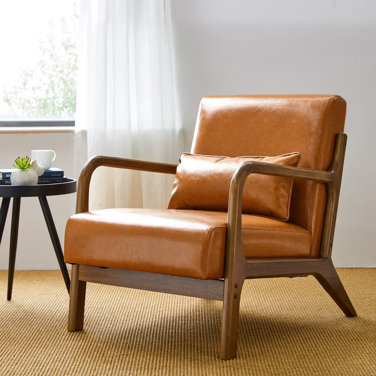 Glitzhome Mid Century Solid Wood Frame Accent Chair Modern Leather Lazy Chair