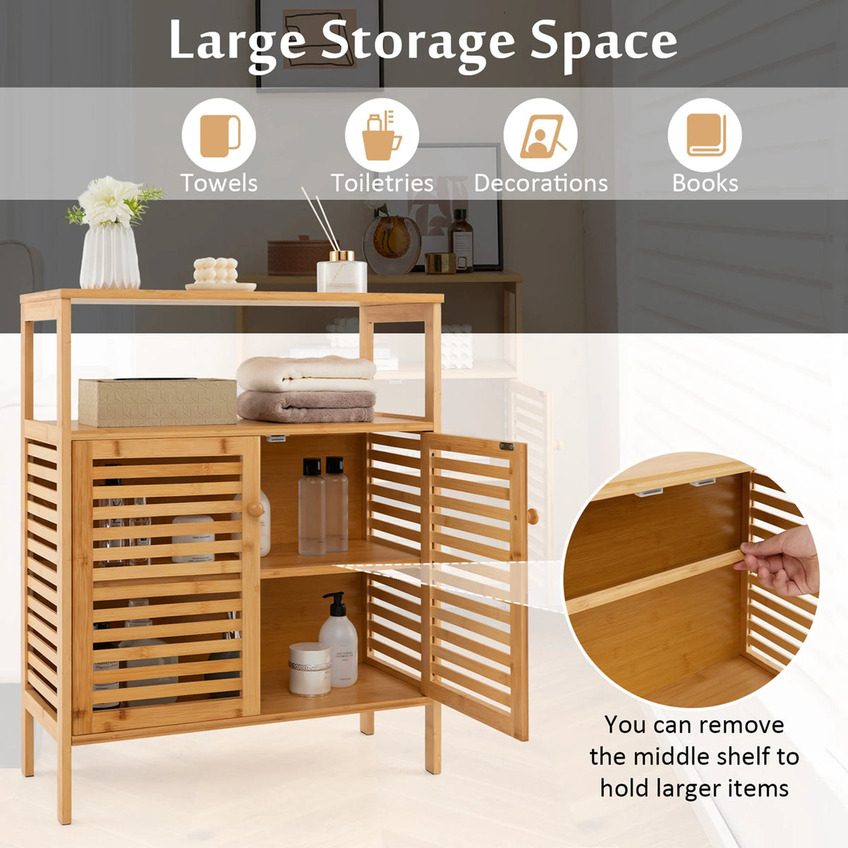 Costway Bamboo Storage Cabinet with Double Louvered Doors Open Shelf & Removable Shelf