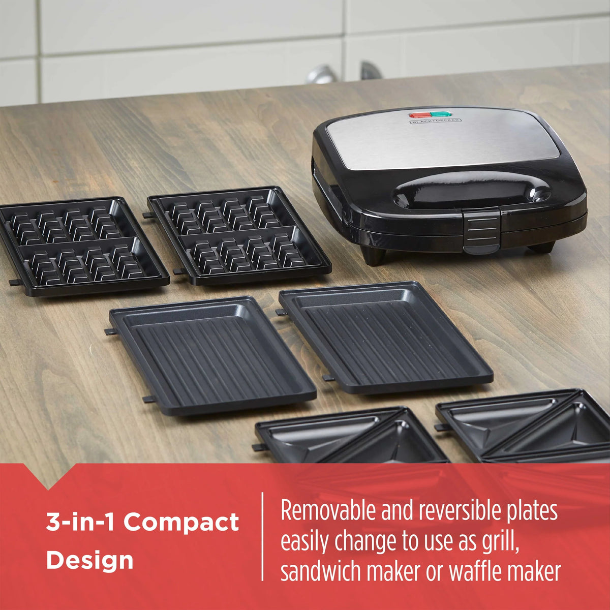 and Decker 3-in-1 Morning Meal Station Electric Waffle Maker Compact Grill in Black