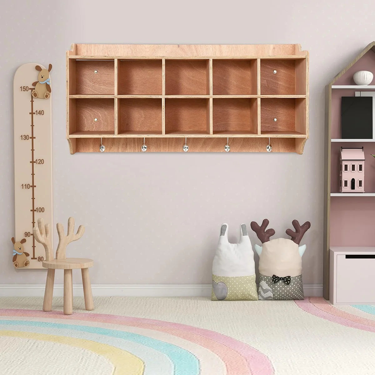 Ataucjin 5-Section Classroom Coat Locker, 20 Cubbies for Classrooms, Daycare Cubby with 4 Casters, 5 Hooks and 2 Storage Boxes, for Home, School, Kindergarten